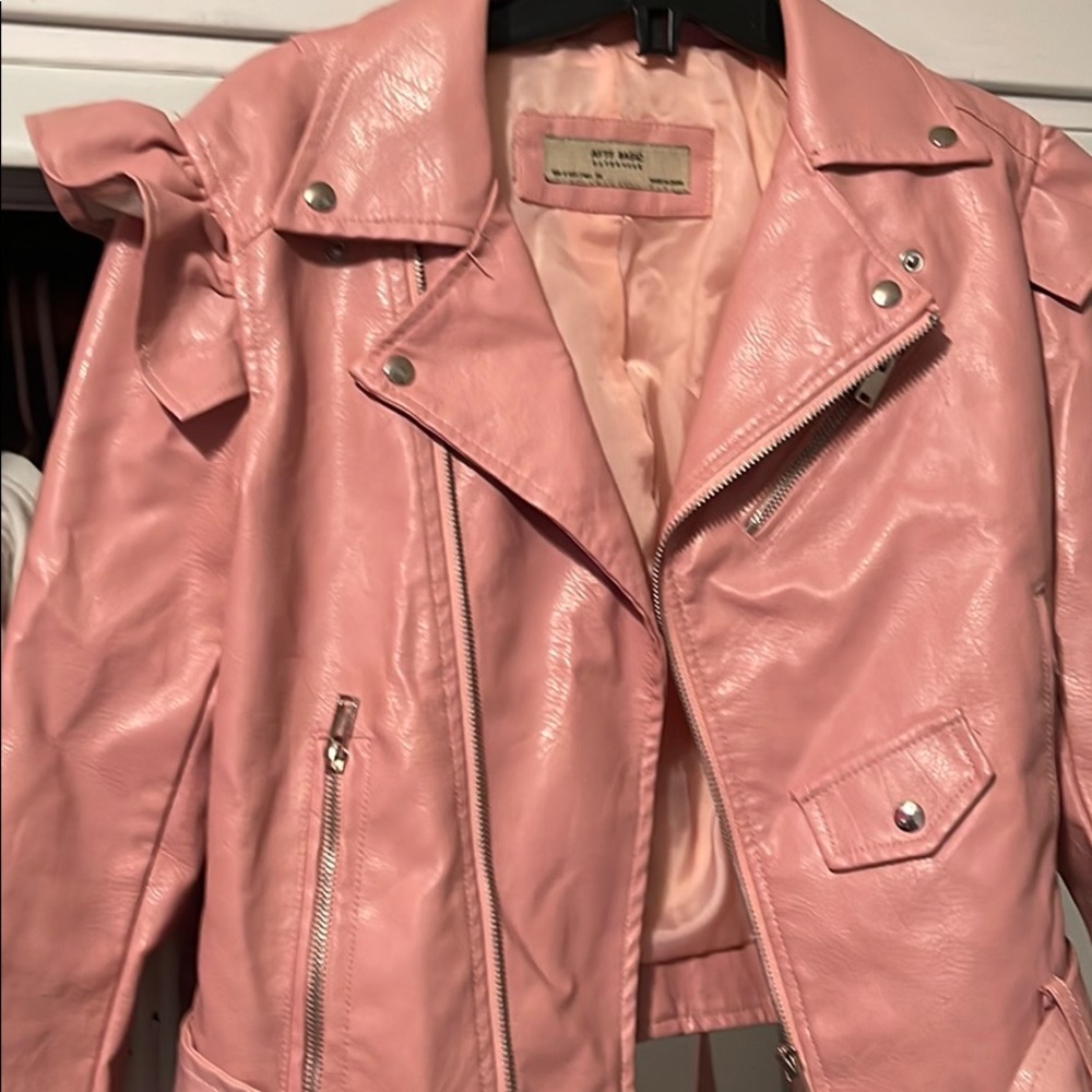 Pink Faux Leather Jacket with Ruffle Shoulder